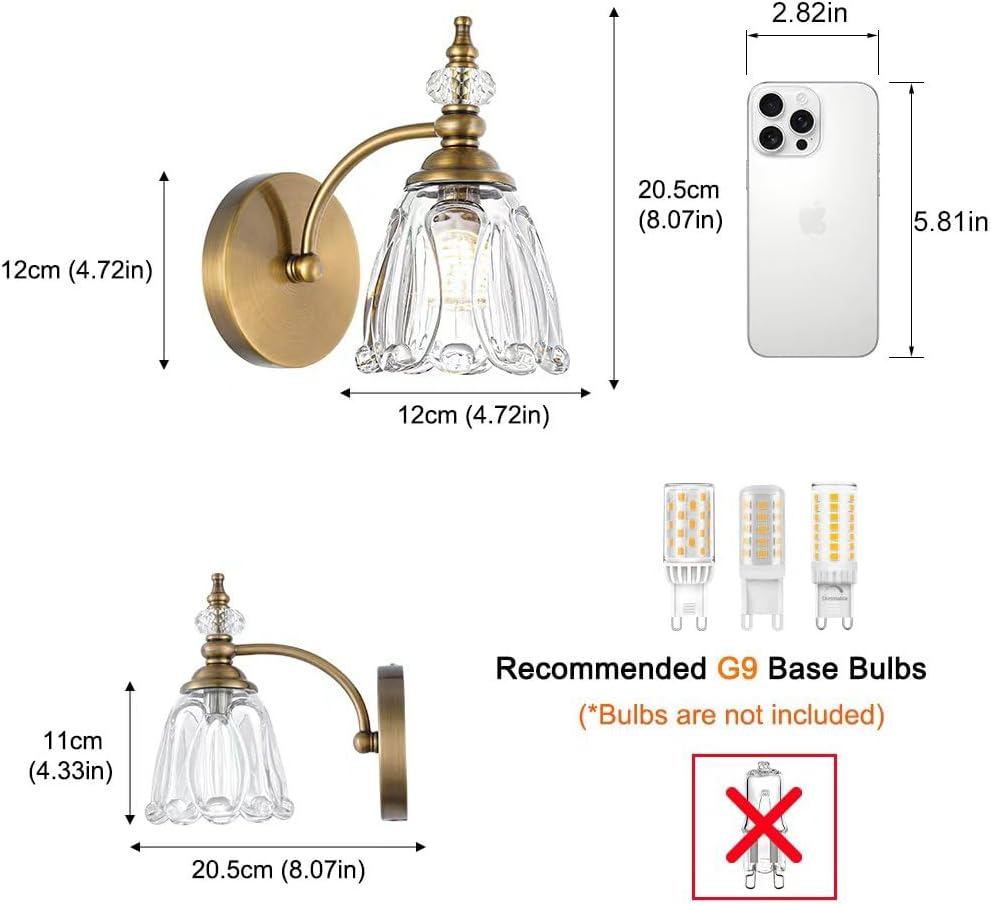 2‑Pack Brushed Antique Brass Glass Wall Sconces