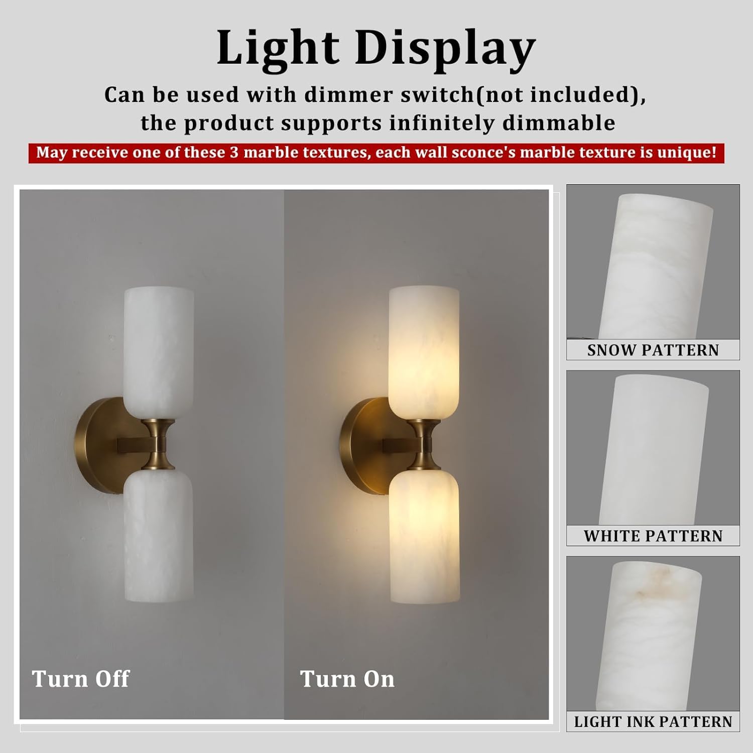 2‑Pack Modern Brass Marble Bathroom Wall Sconces