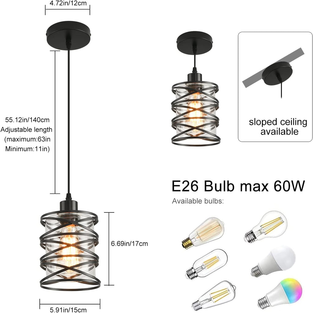 Black Spiral Cage Glass Pendant Lights 2‑Pack