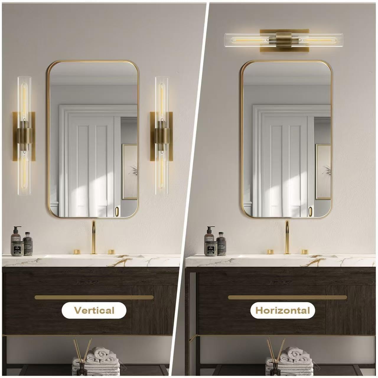 2‑Pack Brass Clear Glass Bathroom Vanity Wall Sconces