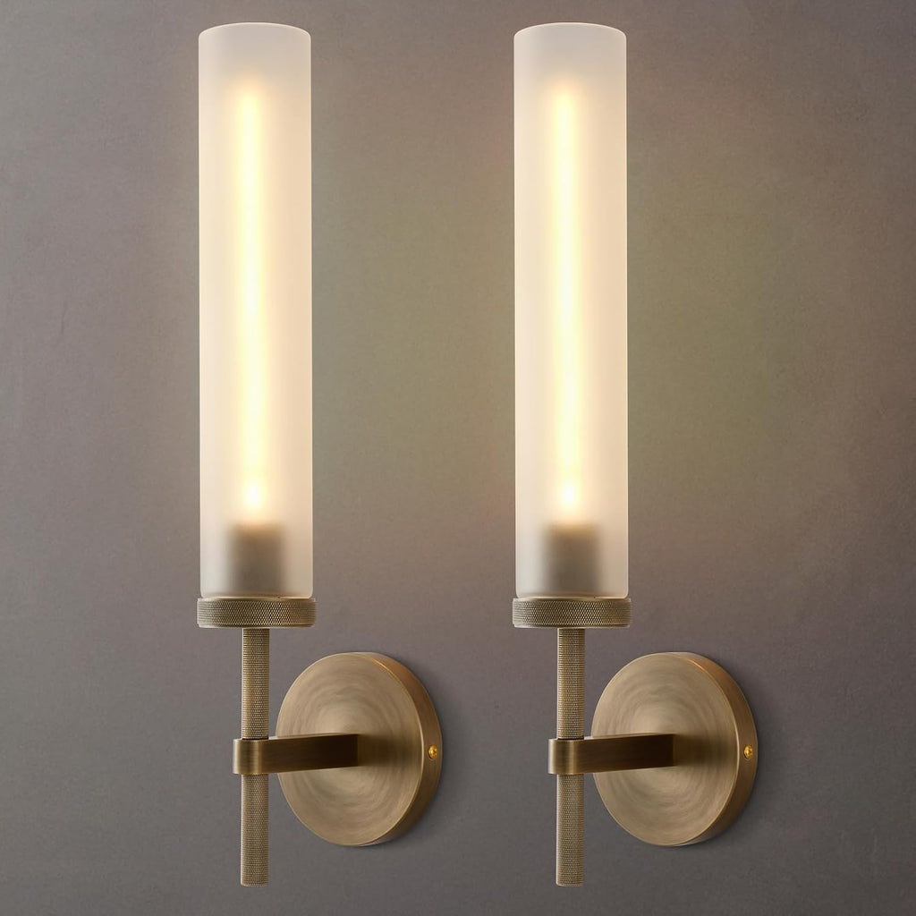 Brass Knurled Frosted Glass Bathroom Wall Sconces 2‑Pack