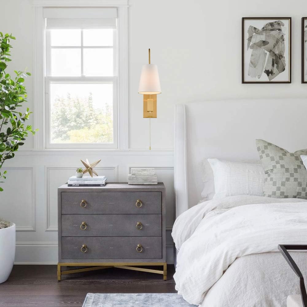 2‑Pack Modern Brass Plug‑in Wall Sconces with Linen Shade
