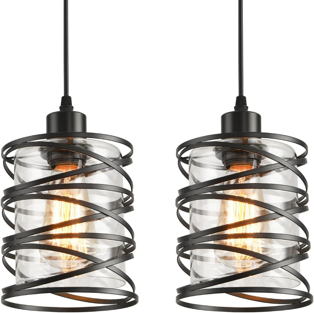 Black Spiral Cage Glass Pendant Lights 2‑Pack