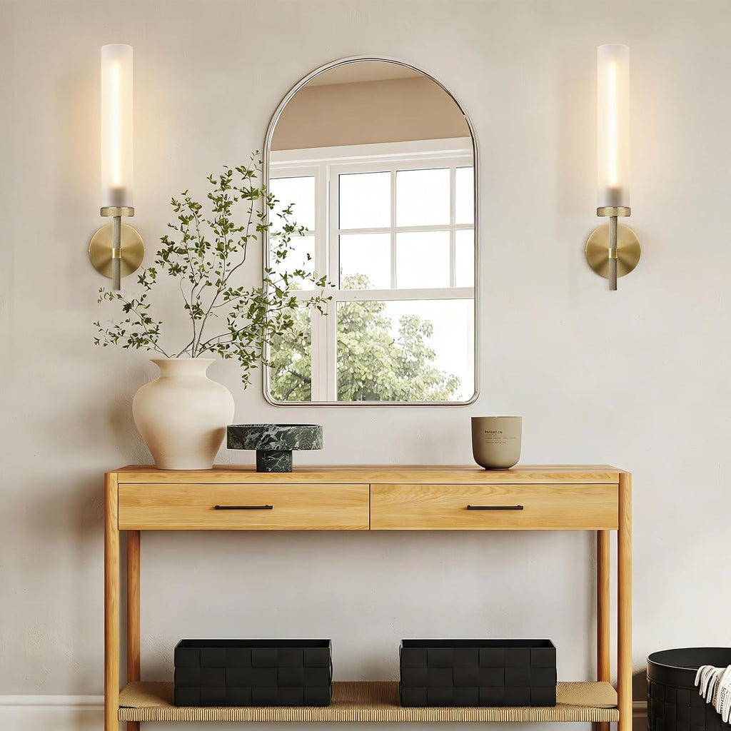 Brass Knurled Frosted Glass Bathroom Wall Sconces 2‑Pack