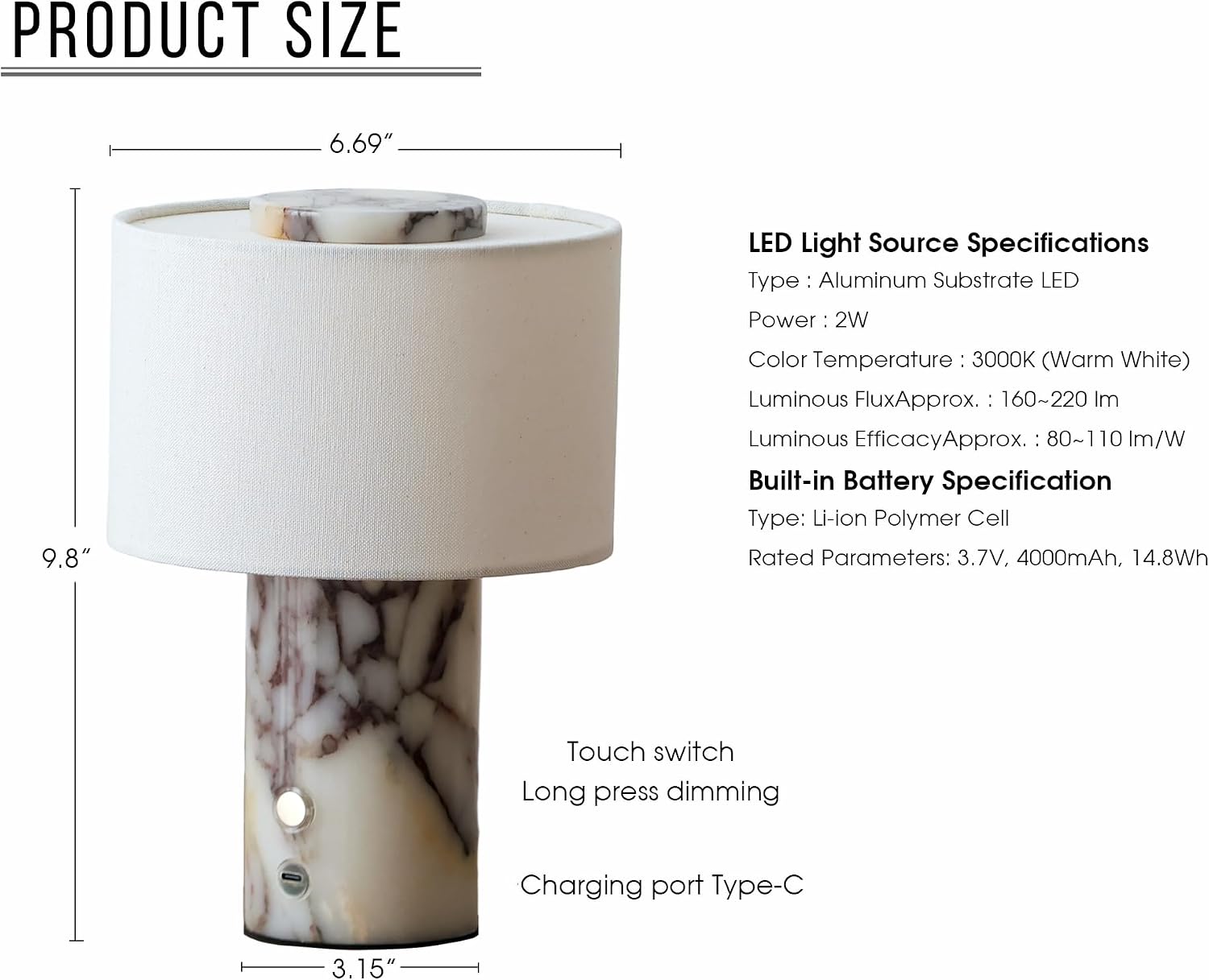 Cordless Touch Marble Table Lamp