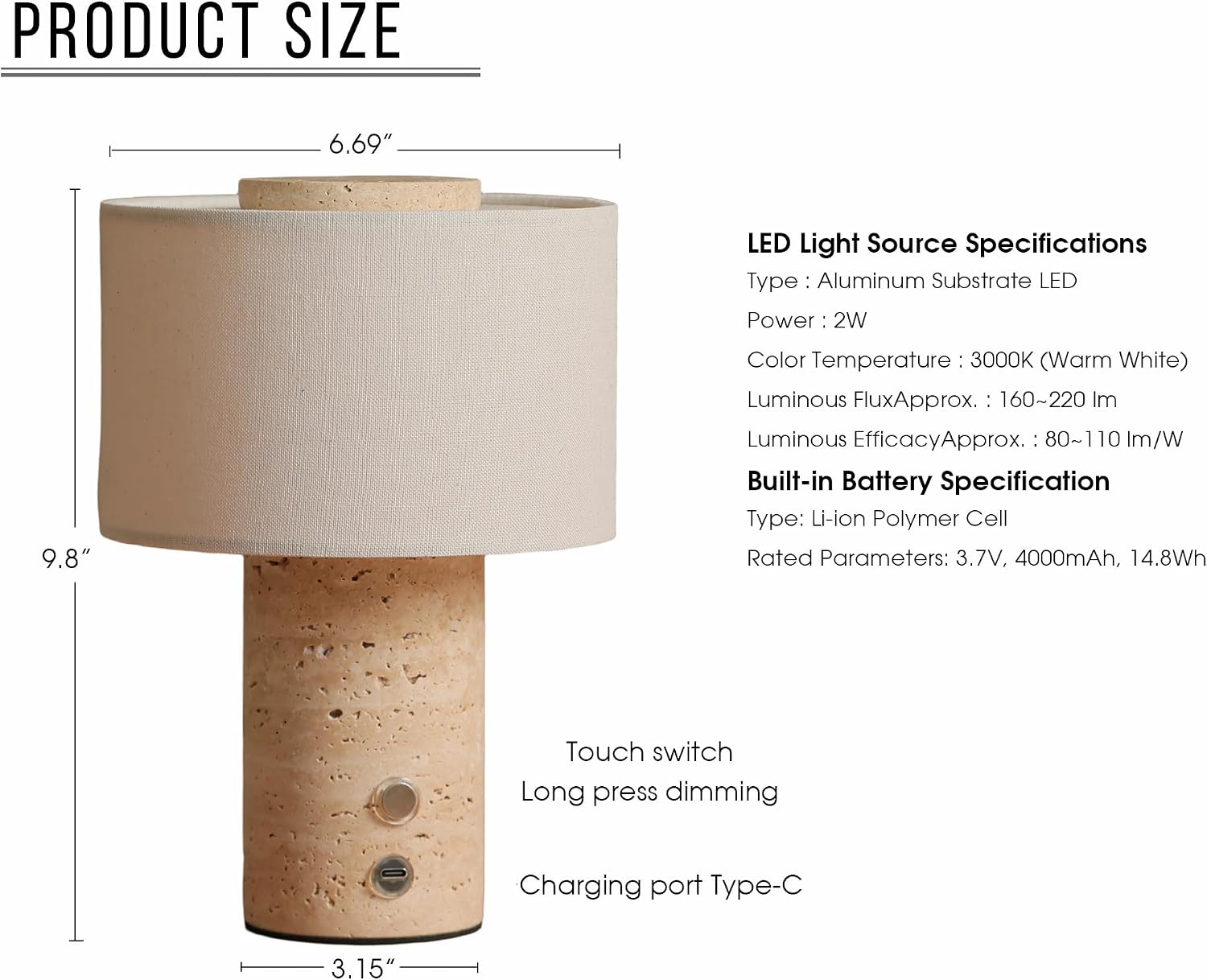 Cordless Touch Marble Table Lamp