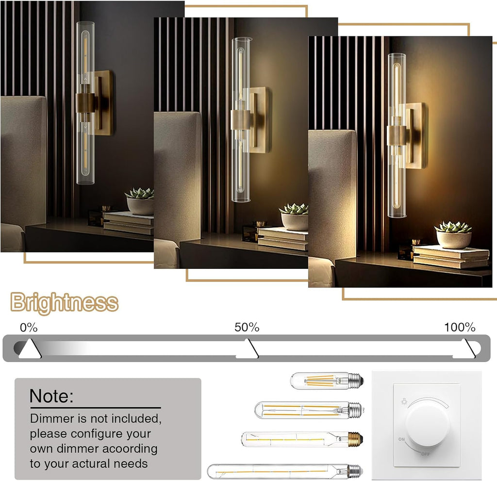 2‑Pack Brass Clear Glass Bathroom Vanity Wall Sconces