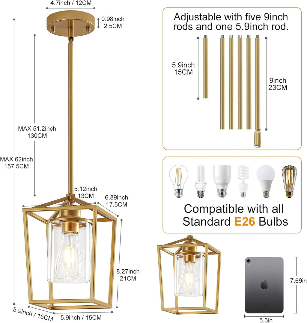 Gold Cage Glass Pendant Lights 2‑Pack