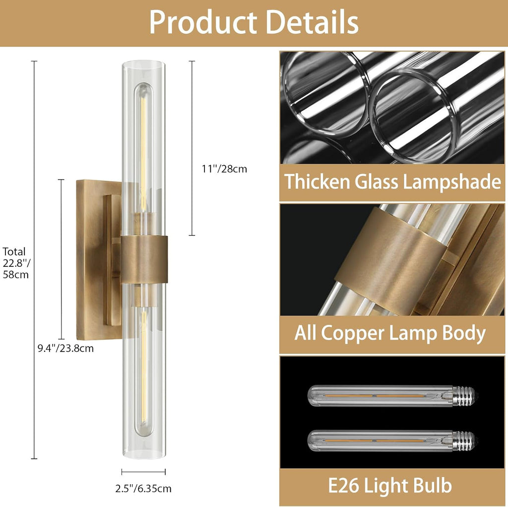 2‑Pack Brass Clear Glass Bathroom Vanity Wall Sconces