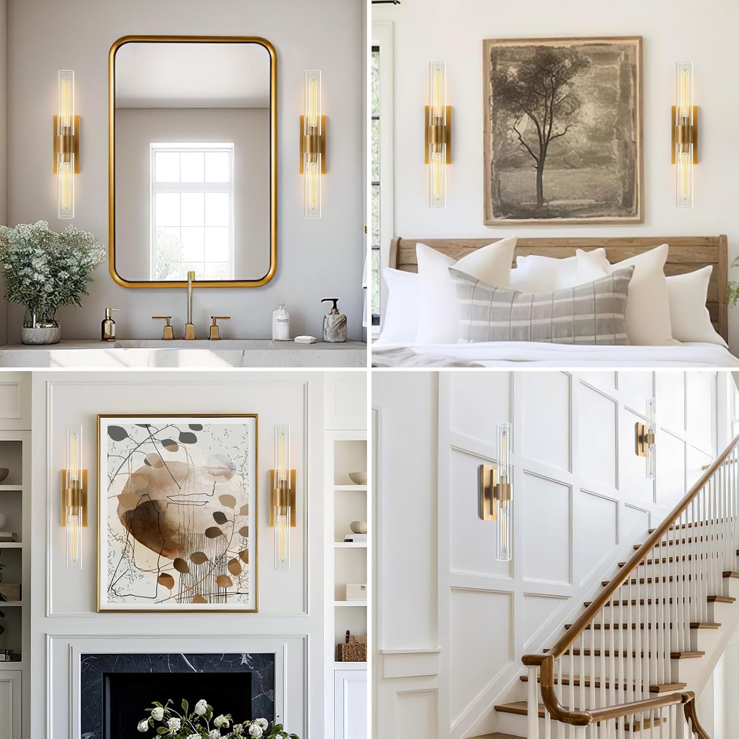 2‑Pack Brass Clear Glass Bathroom Vanity Wall Sconces