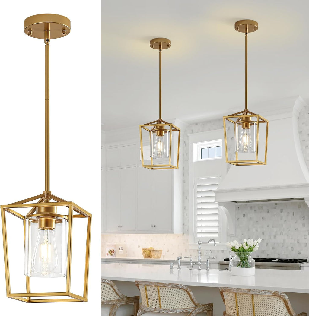 Gold Cage Glass Pendant Lights 2‑Pack