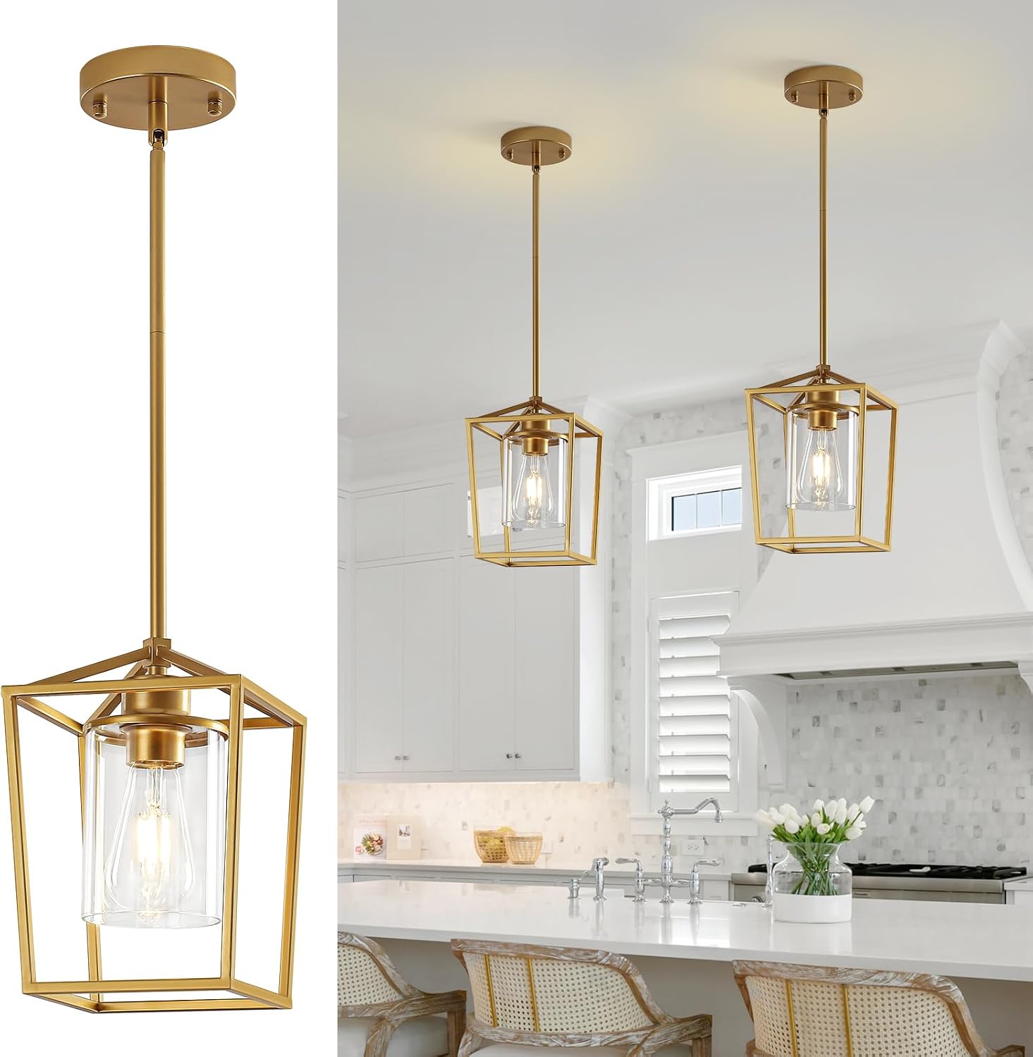 Gold Cage Glass Pendant Lights 2‑Pack