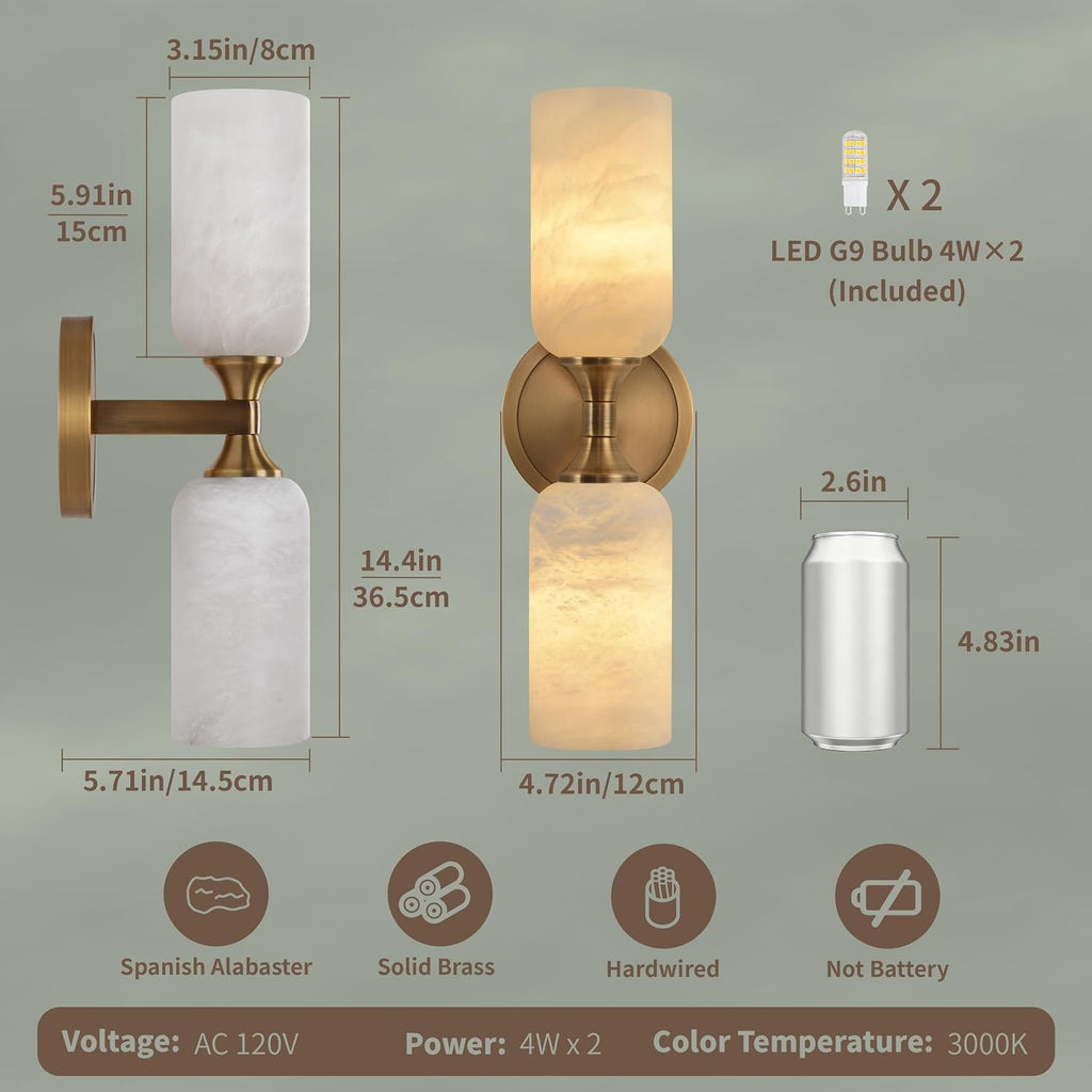 2‑Pack Solid Brass Alabaster Hardwired Wall Sconces
