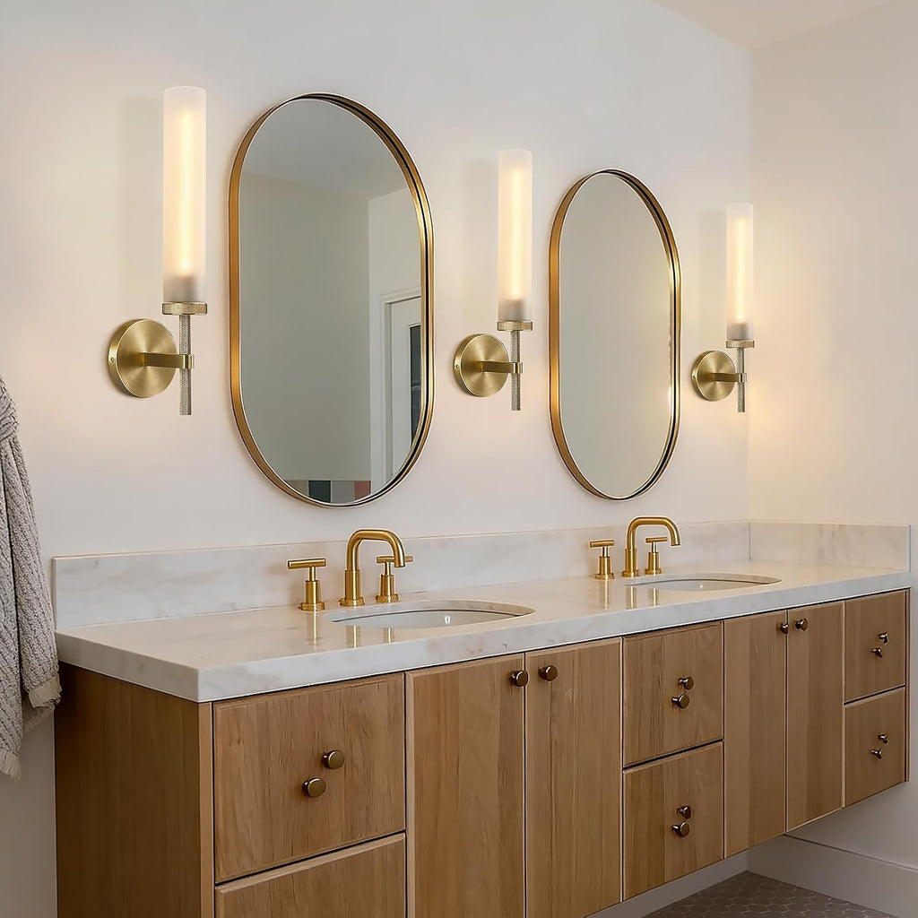 Brass Knurled Frosted Glass Bathroom Wall Sconces 2‑Pack