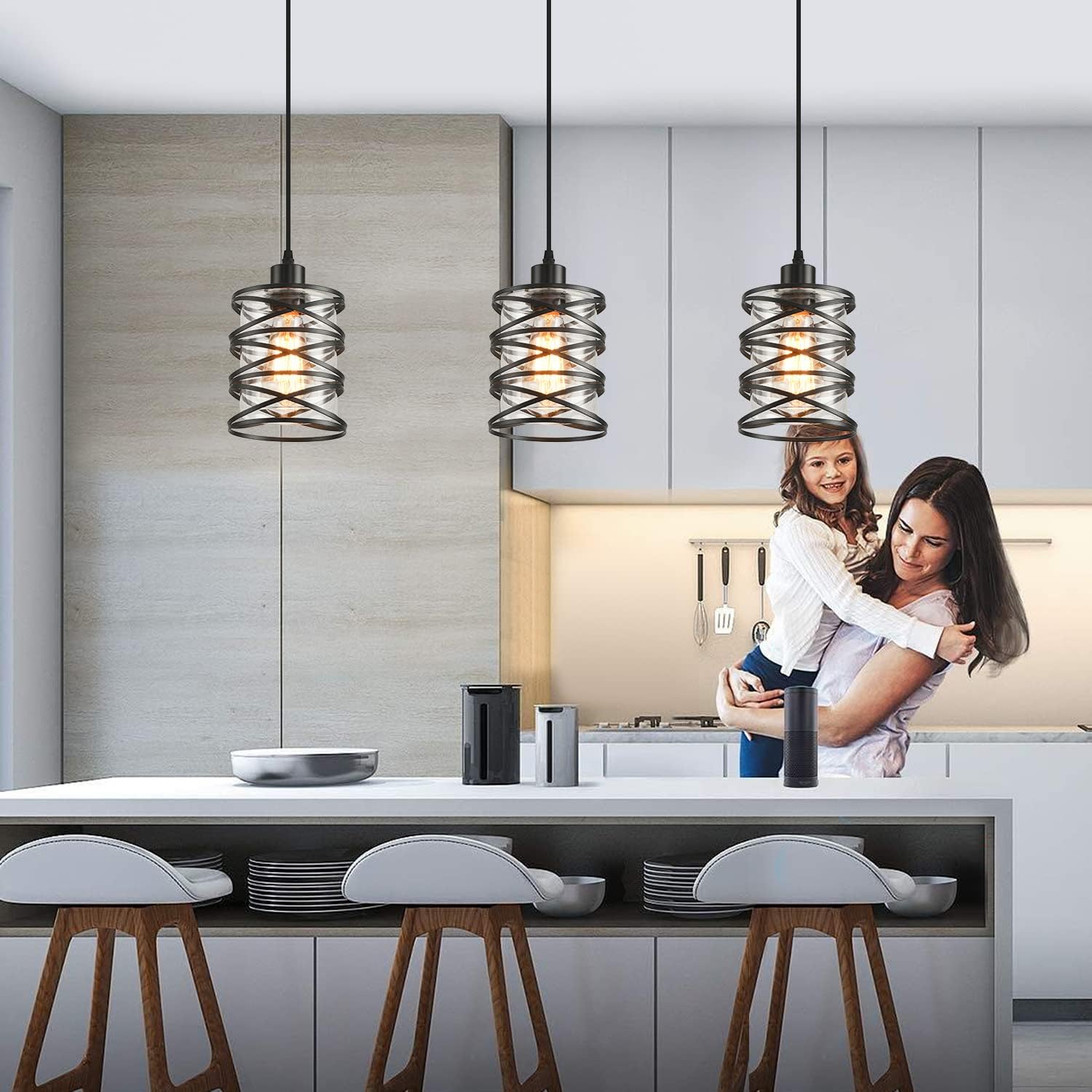 Black Spiral Cage Glass Pendant Lights 2‑Pack