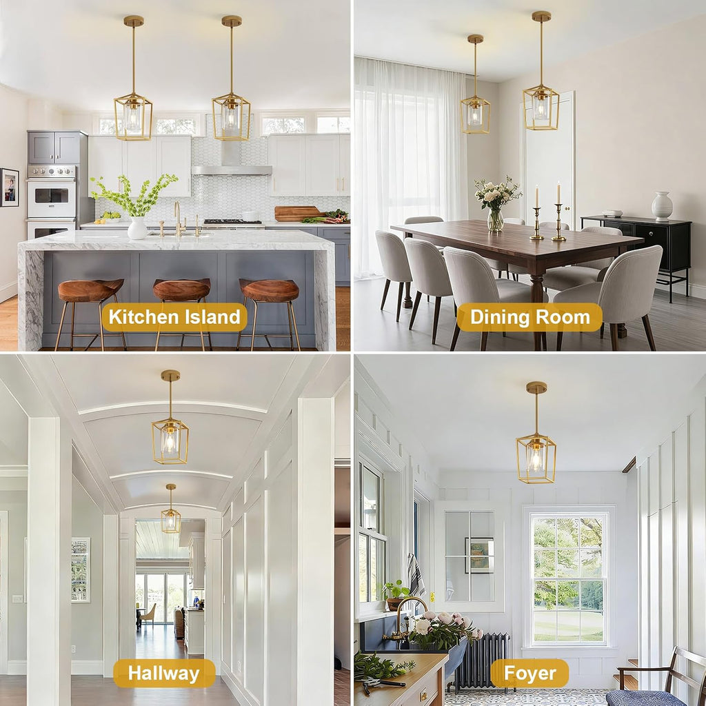 Gold Cage Glass Pendant Lights 2‑Pack