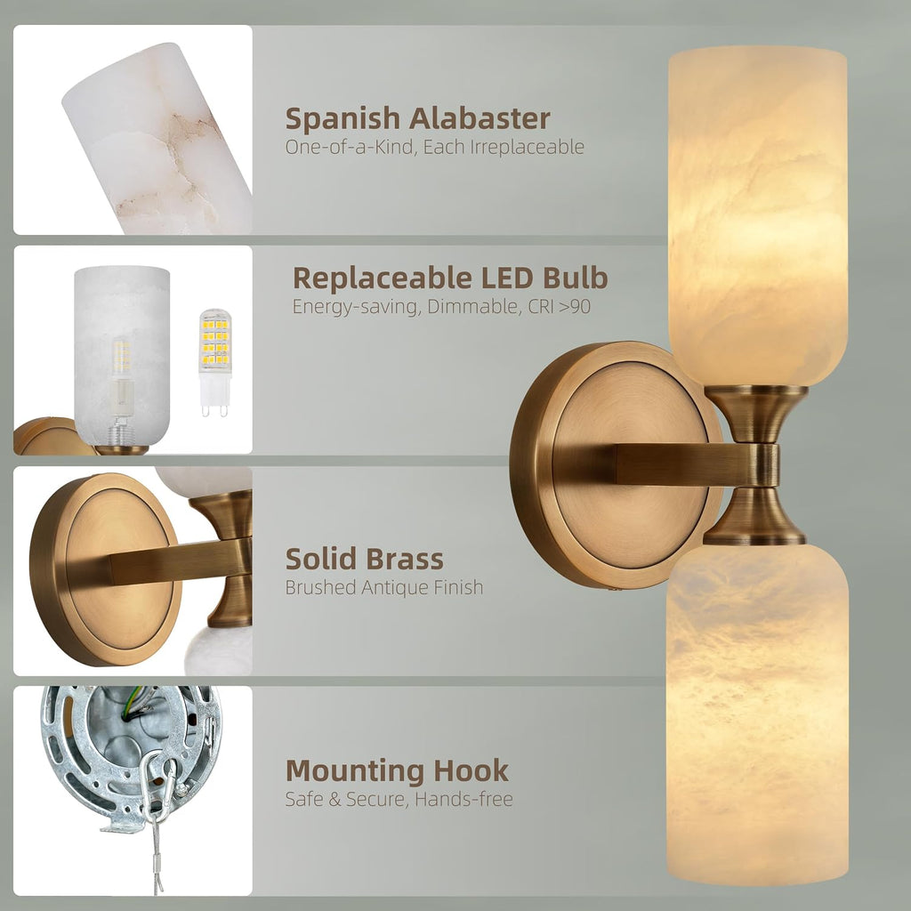 2‑Pack Solid Brass Alabaster Hardwired Wall Sconces