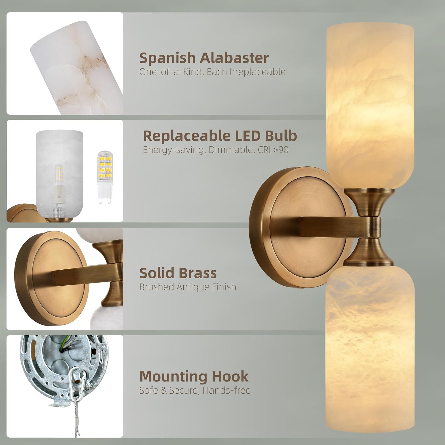 2‑Pack Solid Brass Alabaster Hardwired Wall Sconces