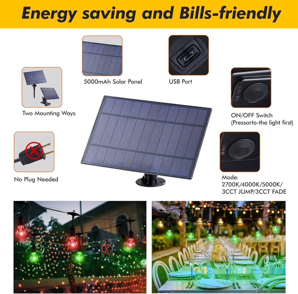 Solar RGB Edison Bulb String Lights with Remote